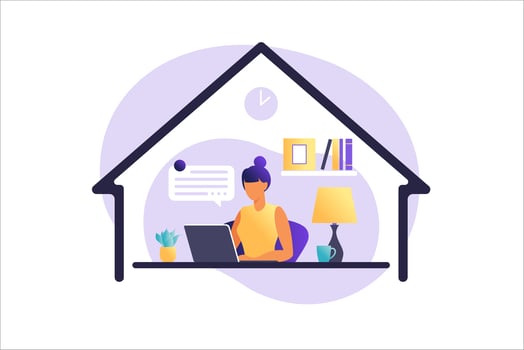Woman sitting at the table with laptop. Working on a computer. Freelance, online education or social media concept. Working from home, remote job. Flat style. Vector illustration.
