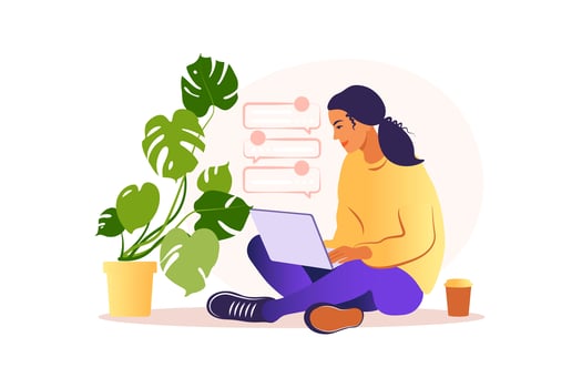 Woman sitting with laptop. Concept illustration for working, studying, education, work from home, healthy lifestyle. Can use for backgrounds, infographics, hero images. Flat. Vector illustration.