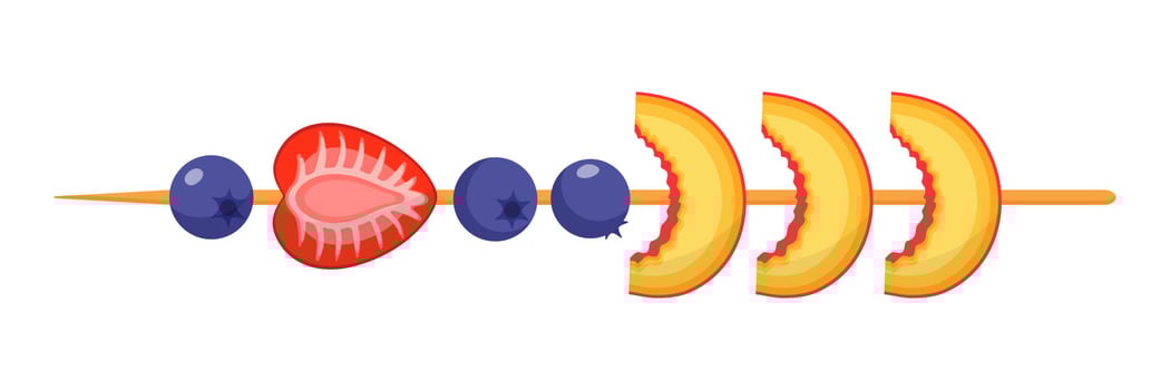 Fruit canape on wooden skewer. Strawberry, peach and blueberry. vector