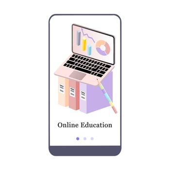 Online Education, E-learning, Online School mobile app onboarding screen. Menu vector banner template for interface UX, UI GUI screen mobile development. Website design 3D isometric flat illustration.