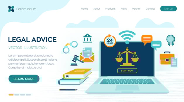 Online Legal advice concept. Labor law, Lawyer, Attorney at law. Lawyer website on laptop screen. Professional law attorney consultation online, legal assistance in business. Vector illustration.