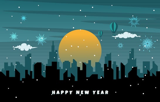 Night City Building Happy New Year Celebration Card Vector Illustration