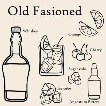 doodle freehand sketch drawing of old fasioned cocktail recipe. vector