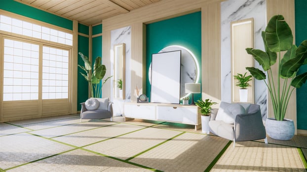 living room granite white wall background with decoration japan style design and shelf wall. 3d rendering photo
