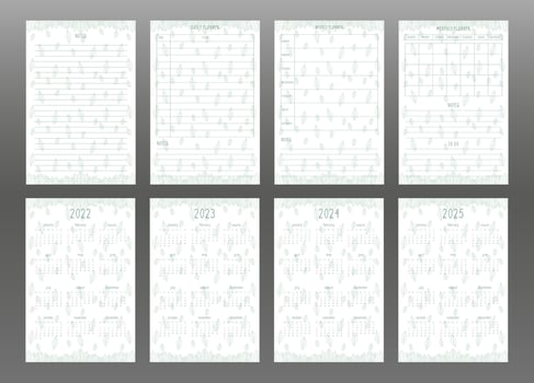 2022 2023 2024 2025 calendar and daily weekly monthly personal planner. Lineart green leaves delicate tender minimal style. Week starts on sunday vector