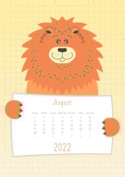 2022 august calendar, cute lion animal holding a monthly calendar sheet, hand drawn childish style vector