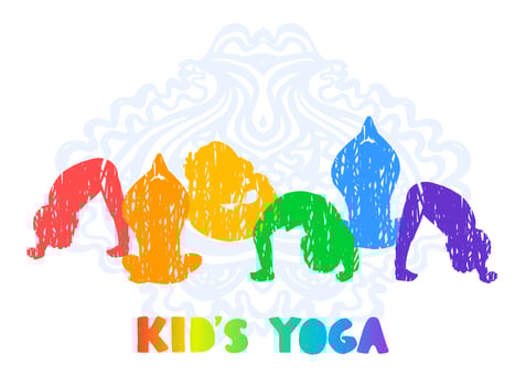 Vector colorful illustrations of silhouette children doing yoga different yoga poses or gymnastic exercises