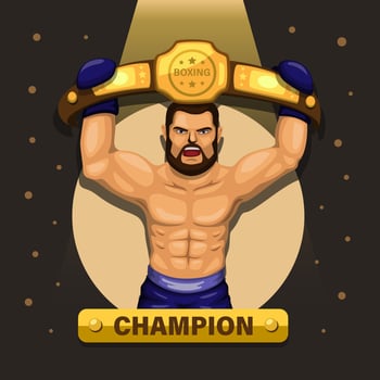 Boxer champion, boxing athlete carrying award belt concept in cartoon illustration vector