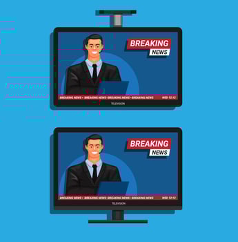 Breaking news on television desk and roof stand symbol set concept in cartoon illustration vector