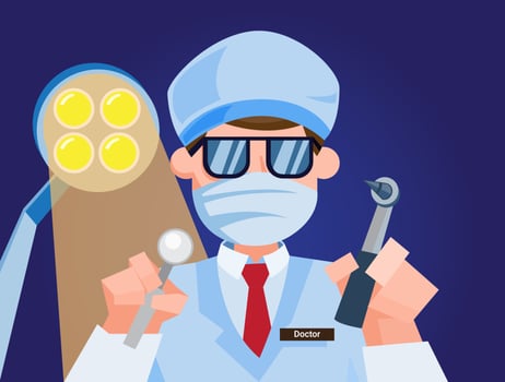 dental doctor operation view from patient, scary dentist imagination kids flat illustration concept vector