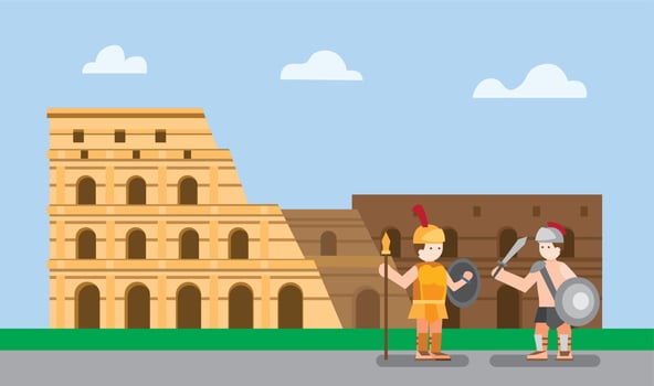 coloseum rome, italy with gladiator in flat illustration editable vector background