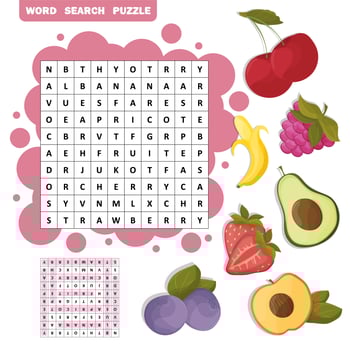 Vector crossword, education game for children about fruits. Word search puzzle