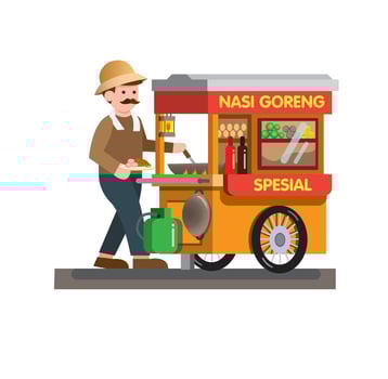 man selling nasi goreng indonesian traditional street food in cart in cartoon flat illustration vector isolated in white background