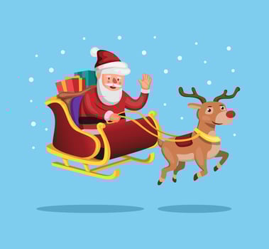 Santa and reindeer with christmas sled to deliver gift in cartoon illustration vector