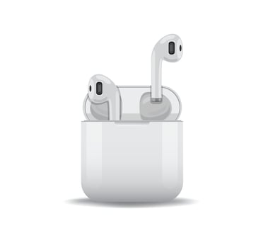 realistic wireless earphone with pouch, white glossy music earbuds mockup template illustration isolated in white background vector