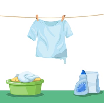 Drying Wet Tshirt Hanging on Clothesline with Clothes Bucket and Cleaning Detergent Product in Floor, Washing Clothes and Laundry Symbol in Cartoon Illustration Vector on White Background