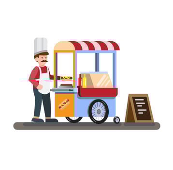 hot dog cart kiosk on wheels retail, fast food, flat illustration vector