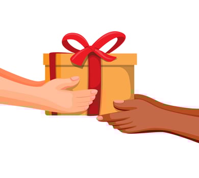 Hand giving box. gift box present or donation with diversity people support and charity symbol concept in cartoon illustration vector on white background