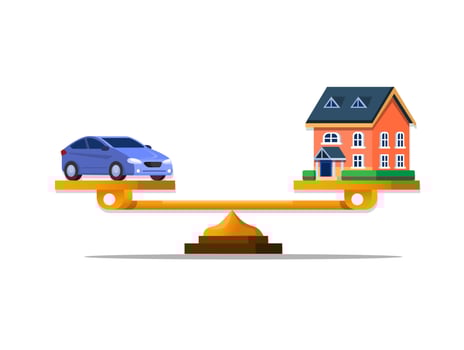 Scale comparison decision buy car or house in management financial symbol concept cartoon flat illustration vector