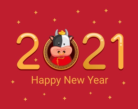 2021 happy new year with chinese zodiac metal cow character concept in cartoon illustration vector