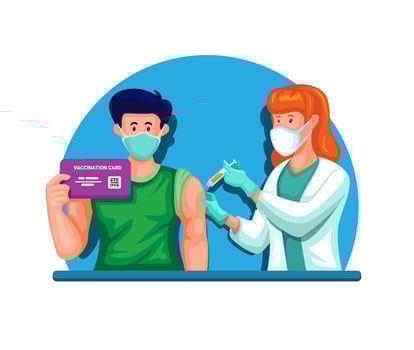 Vaccine injection on man with holding Vaccination certificate card illustration vector