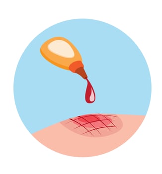 betadine on scar, iodin povidon liquid to anti septic from scratch skin symbol cartoon flat illustration vector eps 10