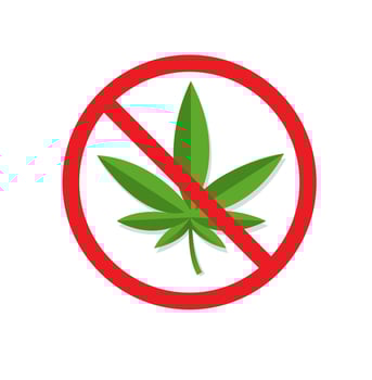 no weed symbol, green cannabis marijuana leaf illegal narcotic prohibited symbol flat illustration vector isolated in white background