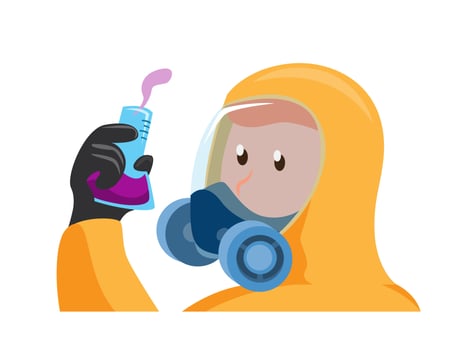 man in biohazard protective outfit holding lab glass test tube, scientist with gas mask suit for toxic and chemical protection cartoon flat illustration vector