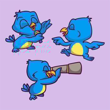cartoon animal design birds sing, dance and play binoculars cute mascot illustration vector