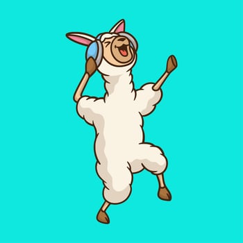 cartoon animal design llama listening to music with a headset cute mascot logo vector
