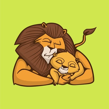 cartoon animal design a sleeping lion hugging a little lion cute mascot logo vector