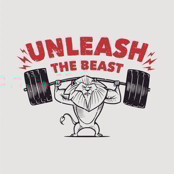 vintage slogan typography unleash the beast lion raised the barbell for t shirt design vector