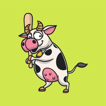 cartoon animal design cows playing baseball cute mascot logo vector