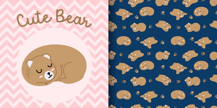 cute animal bear cartoon illustration with seamless pattern set vector