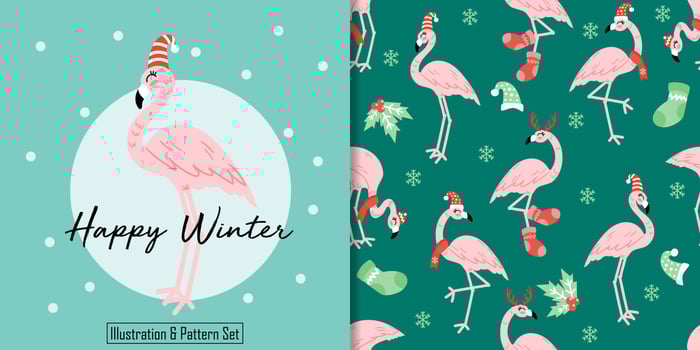 cute animal cartoon illustration winter with seamless pattern vector