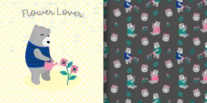 cute animal bear cartoon illustration with seamless pattern set vector
