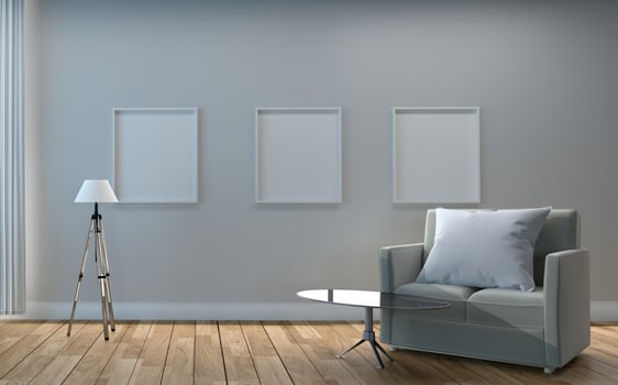 Sofa and picture, wooden floor on empty white wall background. 3D rendering photo