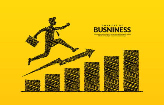 Businessman on arrow jumping across obstacles to success, Business risk and success concept, growth chart increase profit investment vector