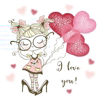 A Valentine's Day card.  Cute girl with balloon hearts.  I love you. Vector. vector