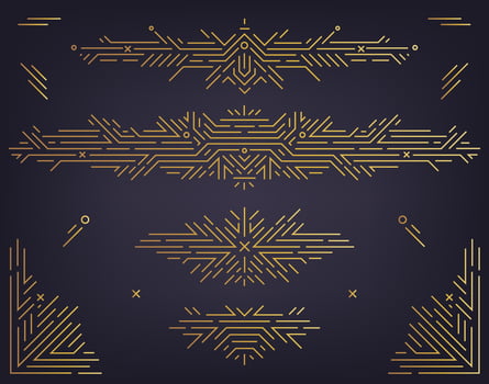 Vector set of art deco linear dividers, borders, frames, decorative design elements. Creative geometric abstract templates in classic retro style of 1920s. Use for packaging, ad, as banner
