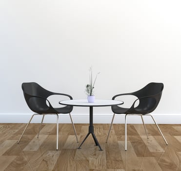 Two chairs and Dining table, wooden floor and whitte wall. 3D rendering photo