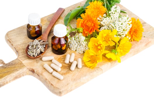 Traditional medicine concept, medicinal plants and herbal capsules photo