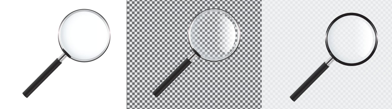 Realistic Magnifying glass set. 3D vector magnifying glases with shadow on a transparent background, stock vector.