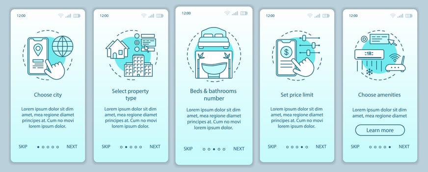 Property rental onboarding mobile app page screen with linear concepts. Hotel apartment booking website walkthrough steps graphic instructions. UX, UI, GUI vector template with illustrations