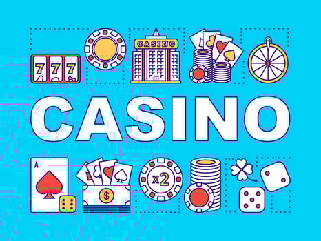 Casino word concepts banner. Gambling. Games of chance. Roulette, poker, slot machine. Presentation, website. Isolated lettering typography idea with linear icons. Vector outline illustration