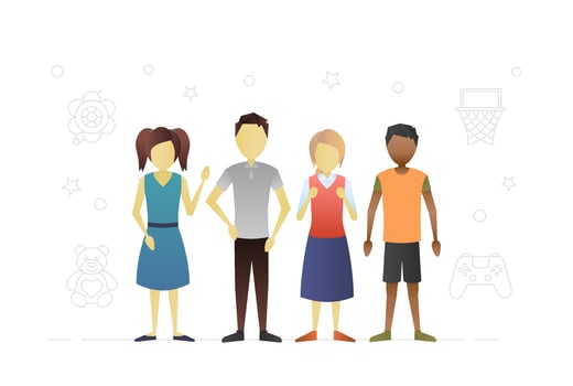 Group of children flat character design. Children Protection Day. Teenagers. Grade schoolers. International children's camp. Schoolchildren. Classmates. Vector isolated illustration