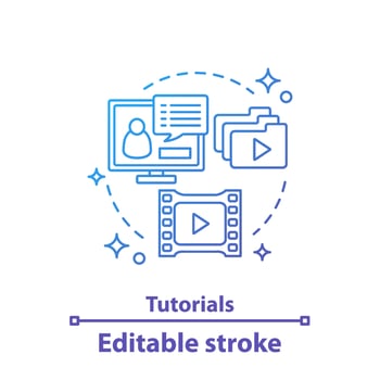 Video tutorials concept icon. Webinars. Video blogging idea thin line illustration. Vlog. Streaming. Vector isolated outline drawing. Editable stroke
