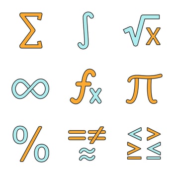 Mathematics color icons set. Math symbols. Algebra. Isolated vector illustrations