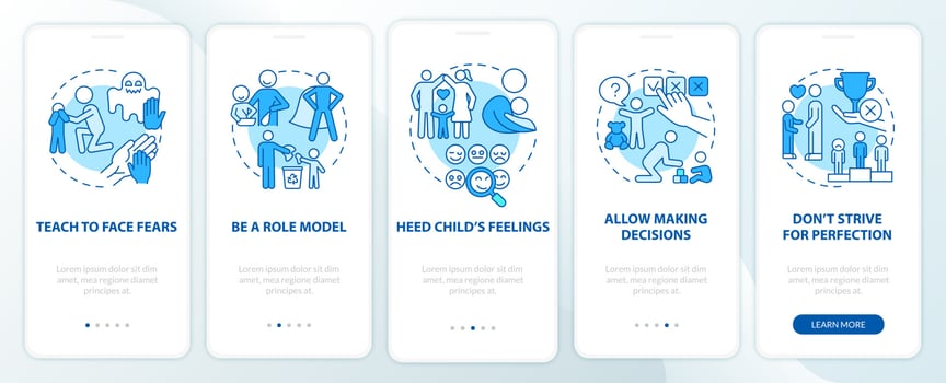 Bringing up tips blue onboarding mobile app page screen. Child mental health walkthrough 5 steps graphic instructions with concepts. UI, UX, GUI vector template with linear color illustrations