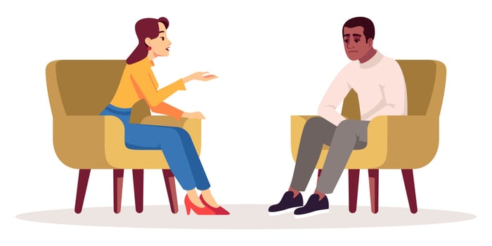 Therapy session semi flat RGB color vector illustration. Interview. Meeting. Talking couple. People having conversation in cozy armchairs. Psychology consultation. Isolated cartoon character on white